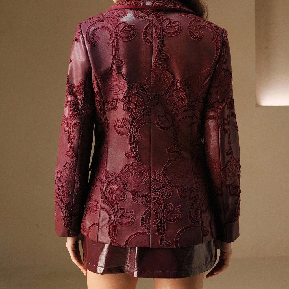Burgundy Elegant Women's Embroidered Long Sleeve Jacket - Picture 2 of 8